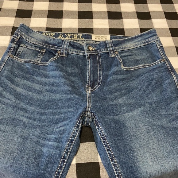 EXC! T.K. Axel Hartford, Conn Slim Boot Jeans Sz 36 x 32 Faux Flap Thick Stitch - Picture 5 of 14